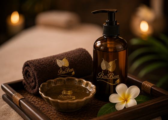 Massageöl und Handtuch mit BaiBun-Logo